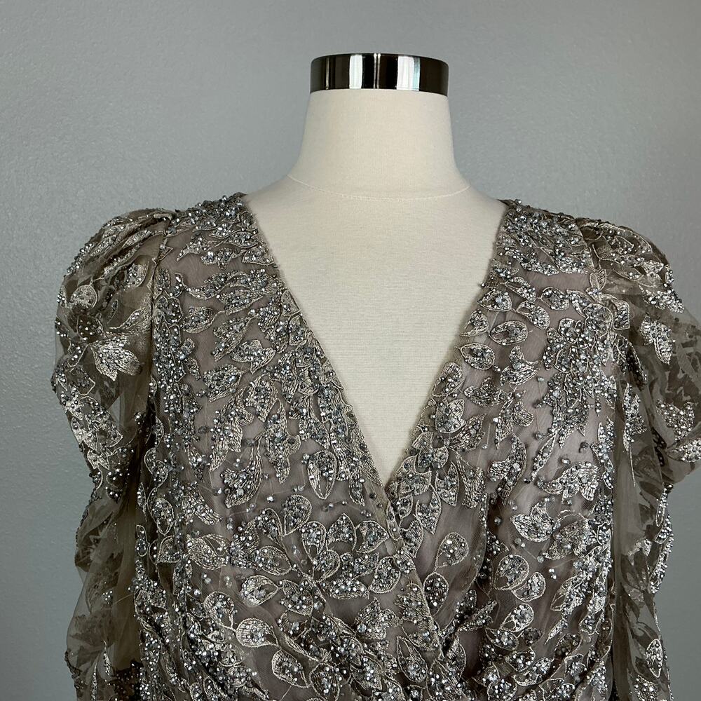 Mac Duggal 20346 Taupe Evening Gown Beaded Long Sleeve A-Line Dress Size 18 - Picture 8 of 12